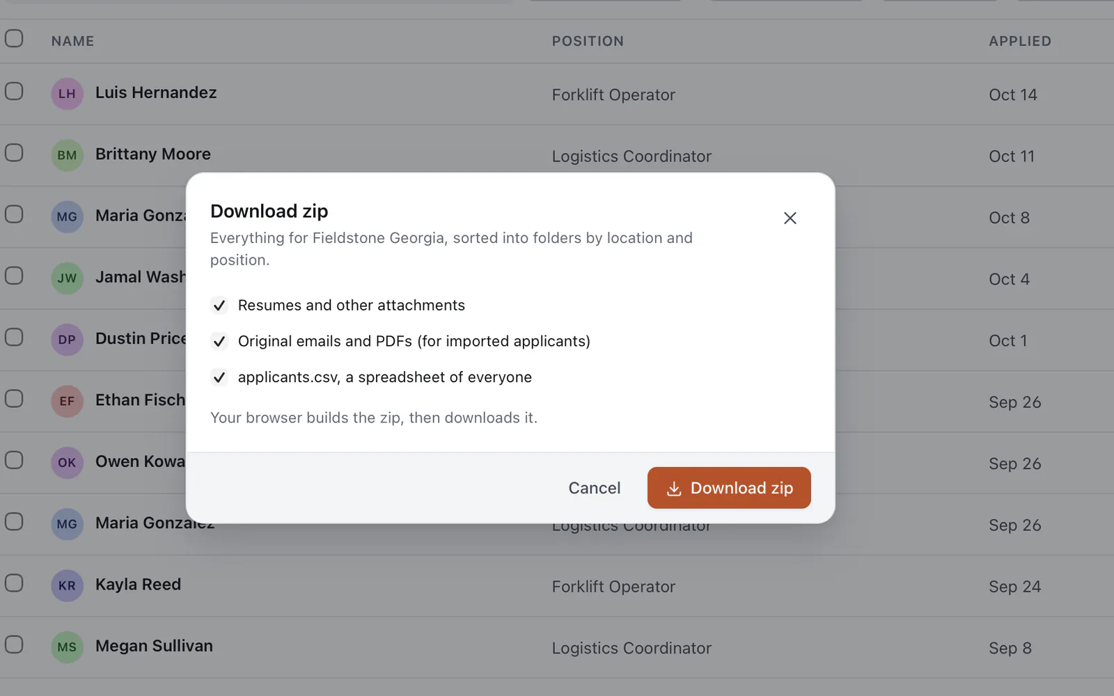 The Download zip dialog for Fieldstone Georgia with three options checked: resumes and other attachments, original emails and PDFs for imported applicants, and applicants.csv.