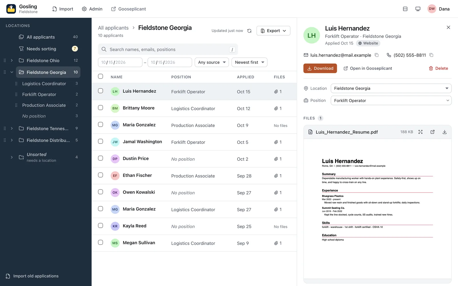 Gosling: a sidebar with All applicants, a Needs sorting folder with a badge of 7, and locations with drag grips and applicant counts, the Fieldstone Georgia location expanded into its position folders (each with a grip) and No position, and the Unsorted location last. A list of ten applicants with a Refresh button and Updated just now above it, and an applicant pane with contact details, Download, Open in Gooseplicant and Delete, Location and Position fields, and an inline resume preview.