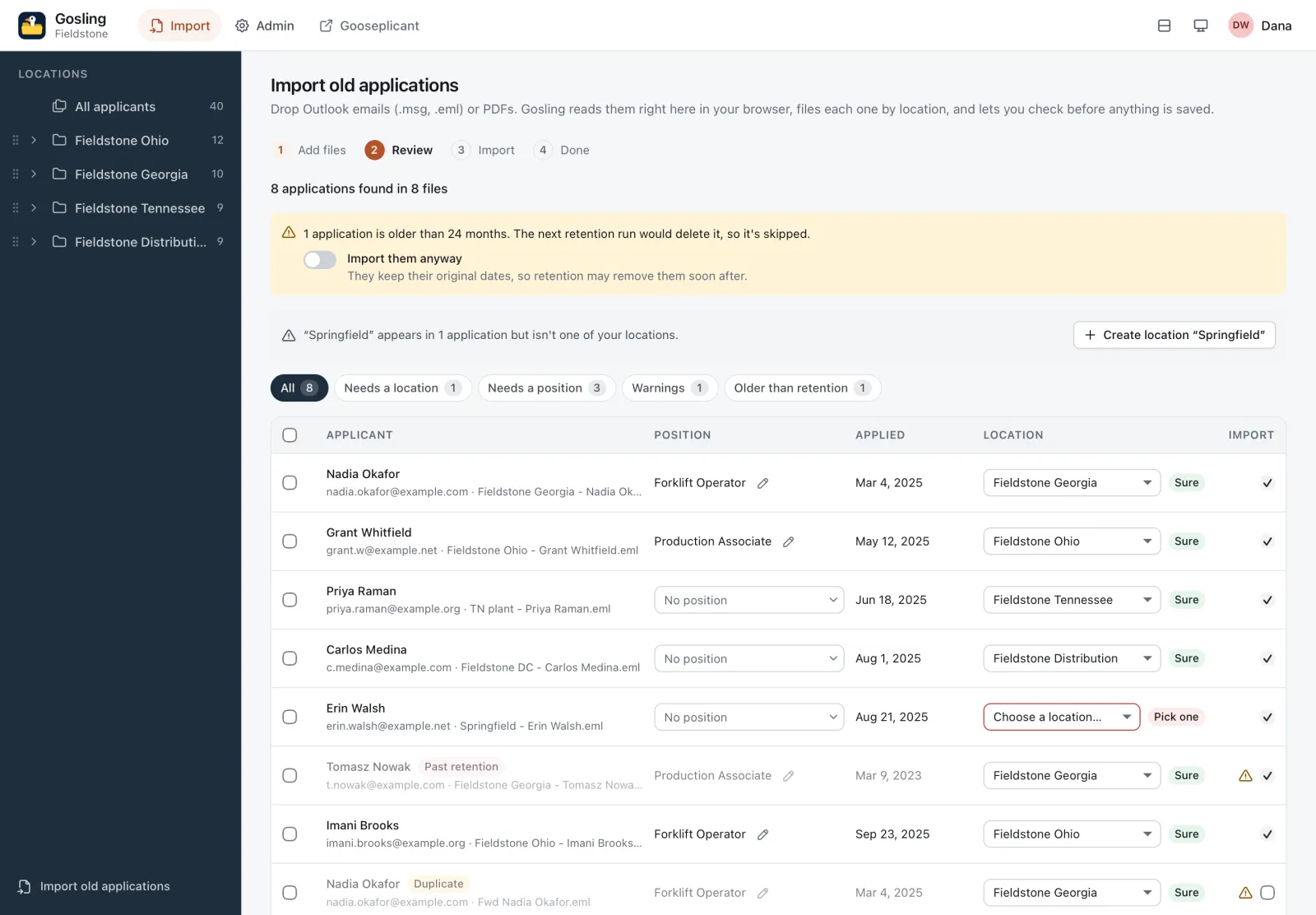 The import review step: eight applications found in eight files, a notice that one is older than the 24-month retention period and will be skipped, a prompt to create the unknown location Springfield, filters for All, Needs a location, Needs a position, Warnings and Older than retention, and a table of applicants with position, date applied, a location dropdown and a confidence chip such as Sure or Pick one. Three rows without a position show an empty No position box.