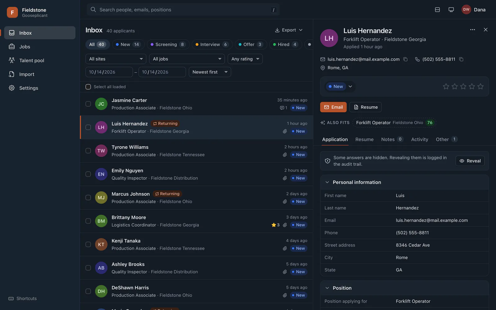 The same inbox and candidate drawer in the dark theme.