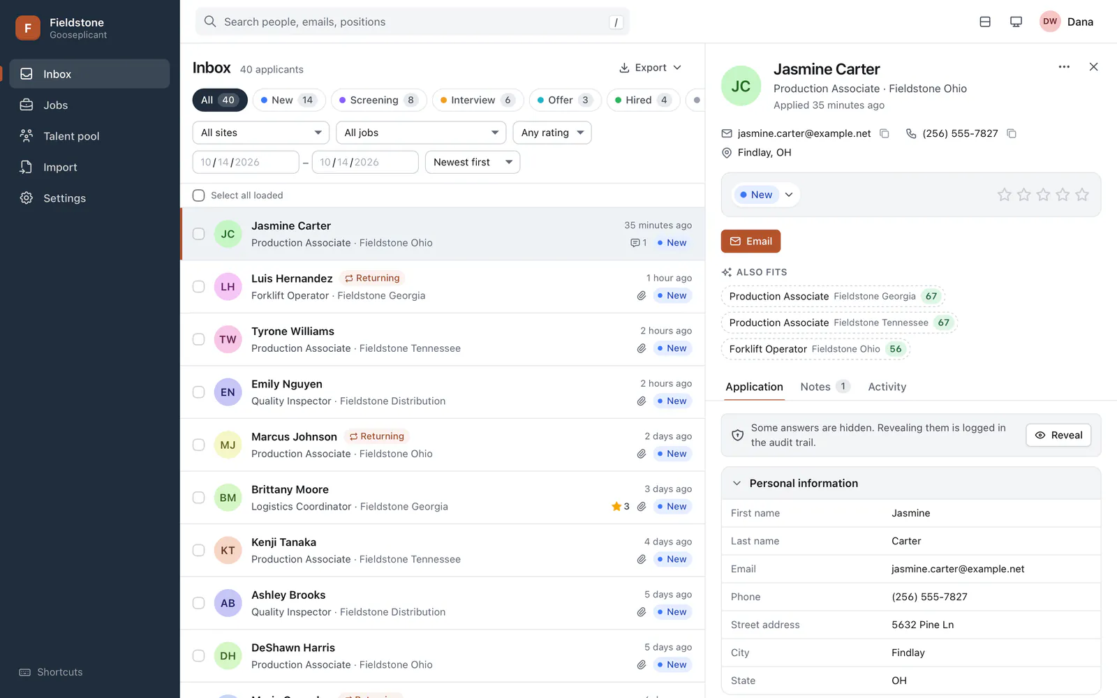 The Gooseplicant inbox: a list of applicants with stage tabs and filters on the left, and the selected candidate's drawer on the right showing contact details, stage, rating, suggested other jobs and the application answers.