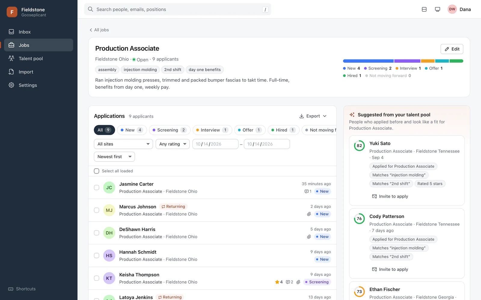 A job page for Production Associate showing its pipeline bar, its applications and a Suggested from your talent pool panel with match scores and reasons.