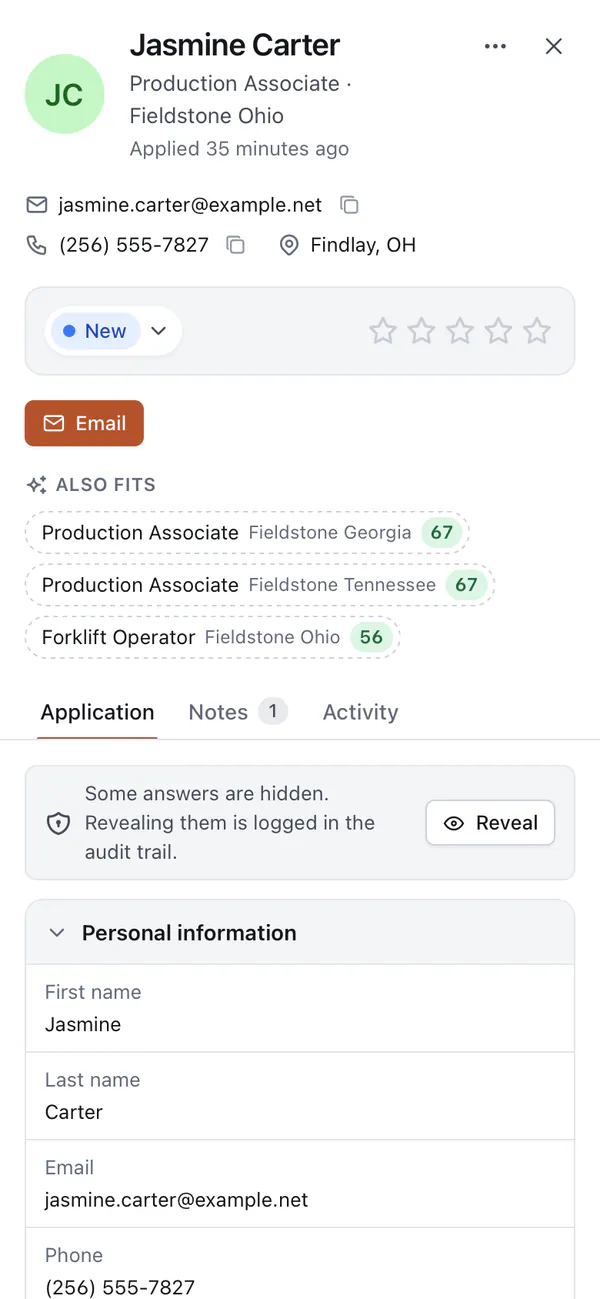 A candidate opened as a full-screen sheet on a phone, with stage, star rating, Also fits suggestions and the application.