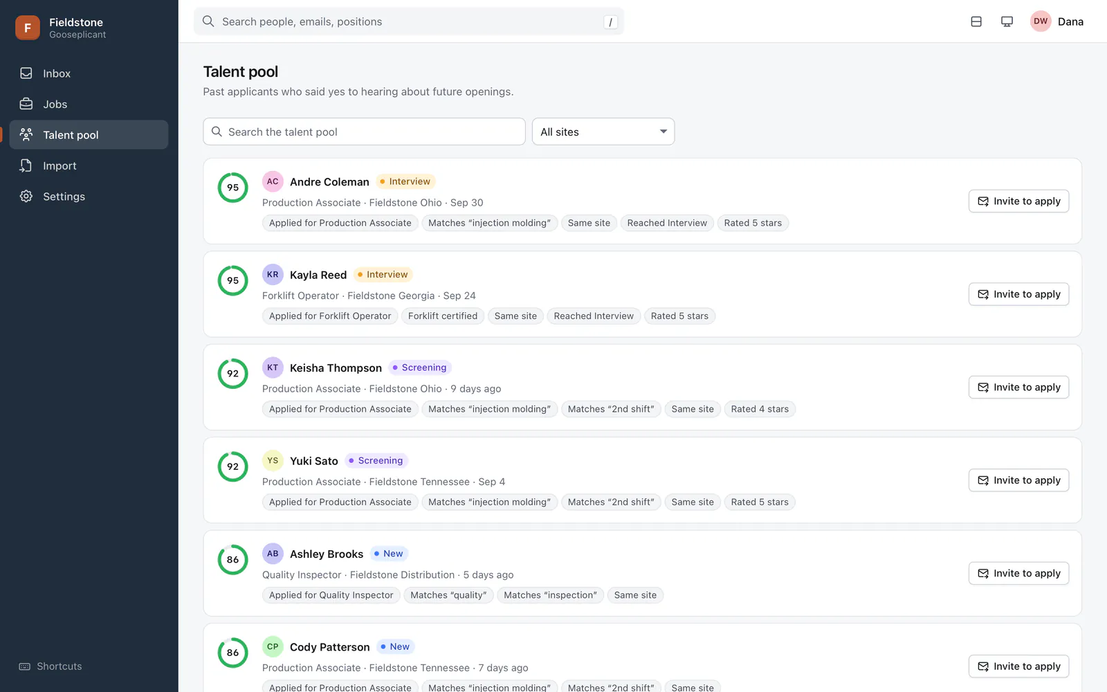 Talent pool list with score rings, each candidate's last position and site, and reason chips such as Same site and Rated 5 stars.